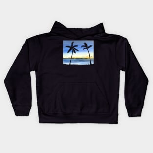 Blue Sunset Ocean scene with Palm Trees Kids Hoodie